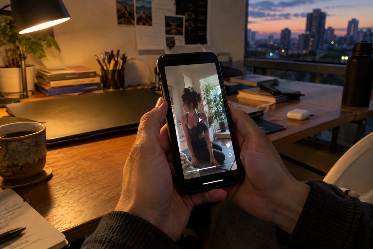 Handen houden een telefoon vast waarop net een verticale video is afgespeeld, in een bureau bij avondlicht