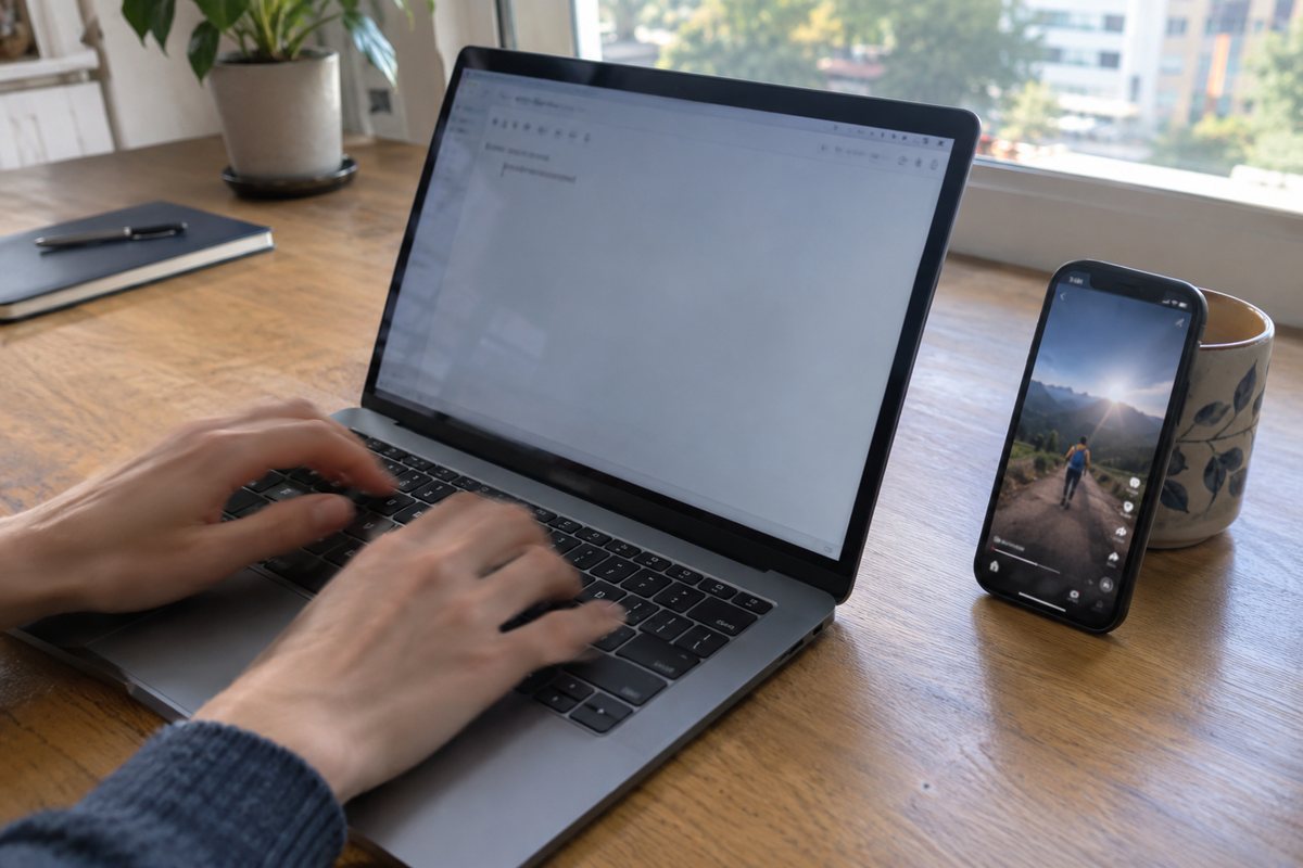 Handen typen een korte tekst op een laptop, ernaast speelt op een telefoon een verticale video af